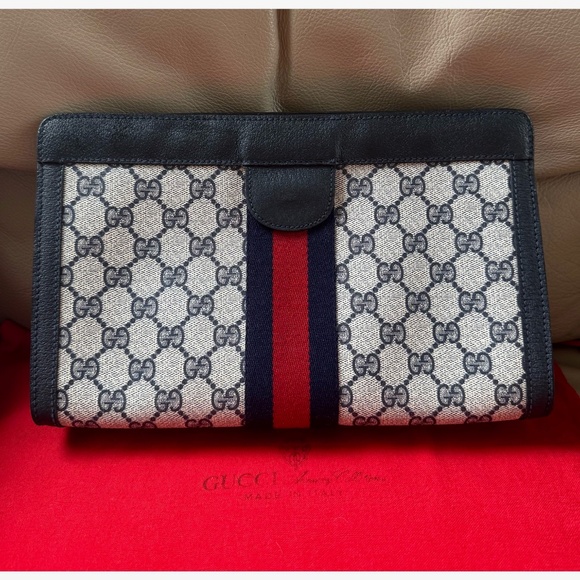 Gucci Handbags - Authentic Vintage Gucci Web Monogram Canvas Black Leather Velcro Chain Clutch